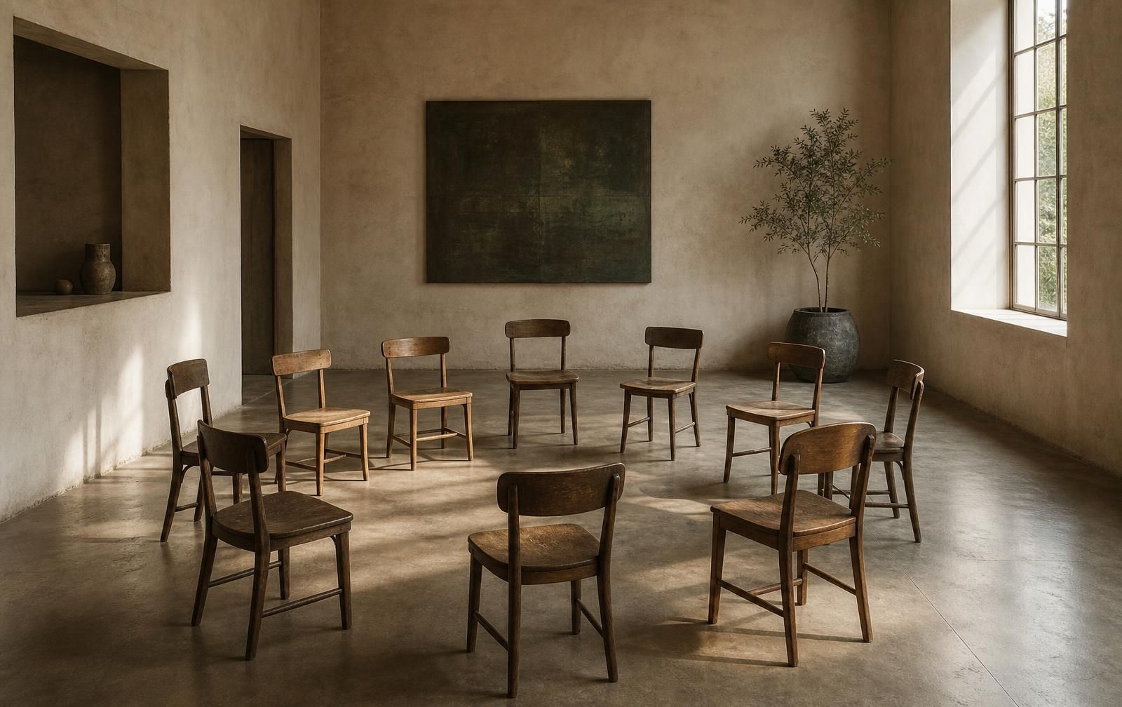A circle of empty wooden chairs in a bright minimalist workshop space